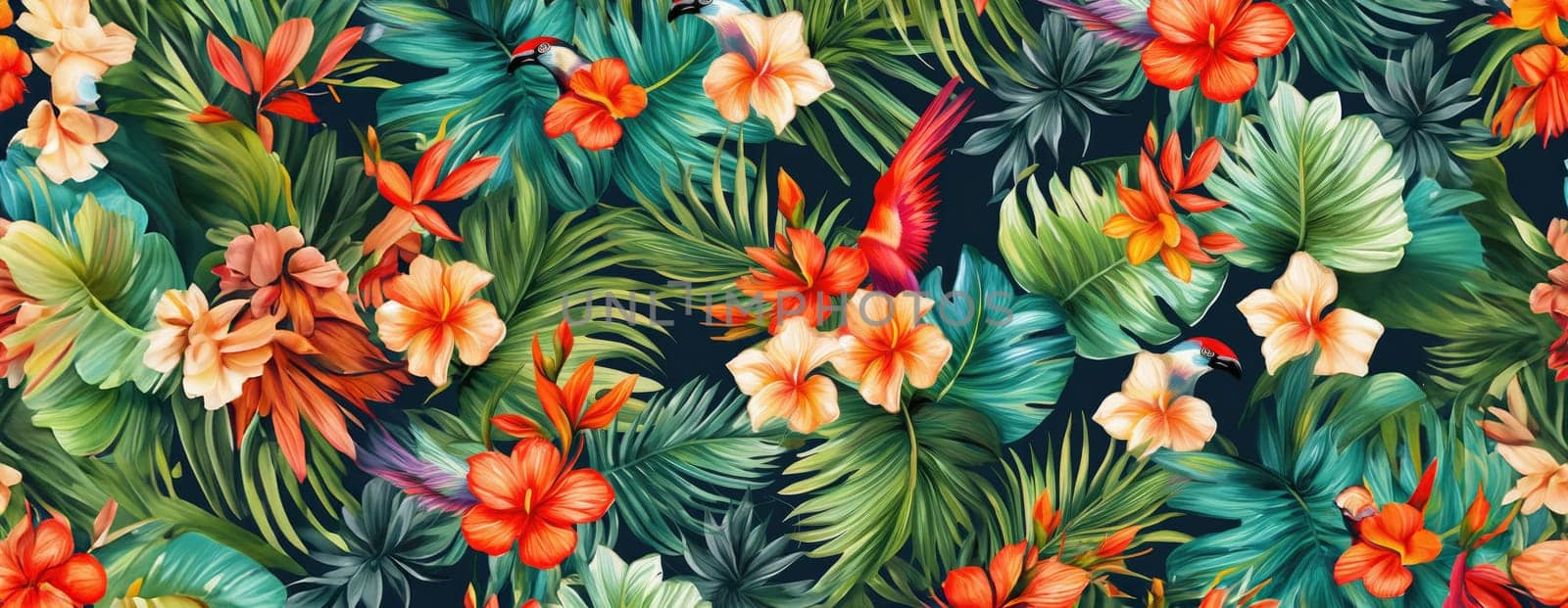 Tropical exotic pattern with animal and flowers in bright colors and lush vegetation. Ai Generative. by Benzoix