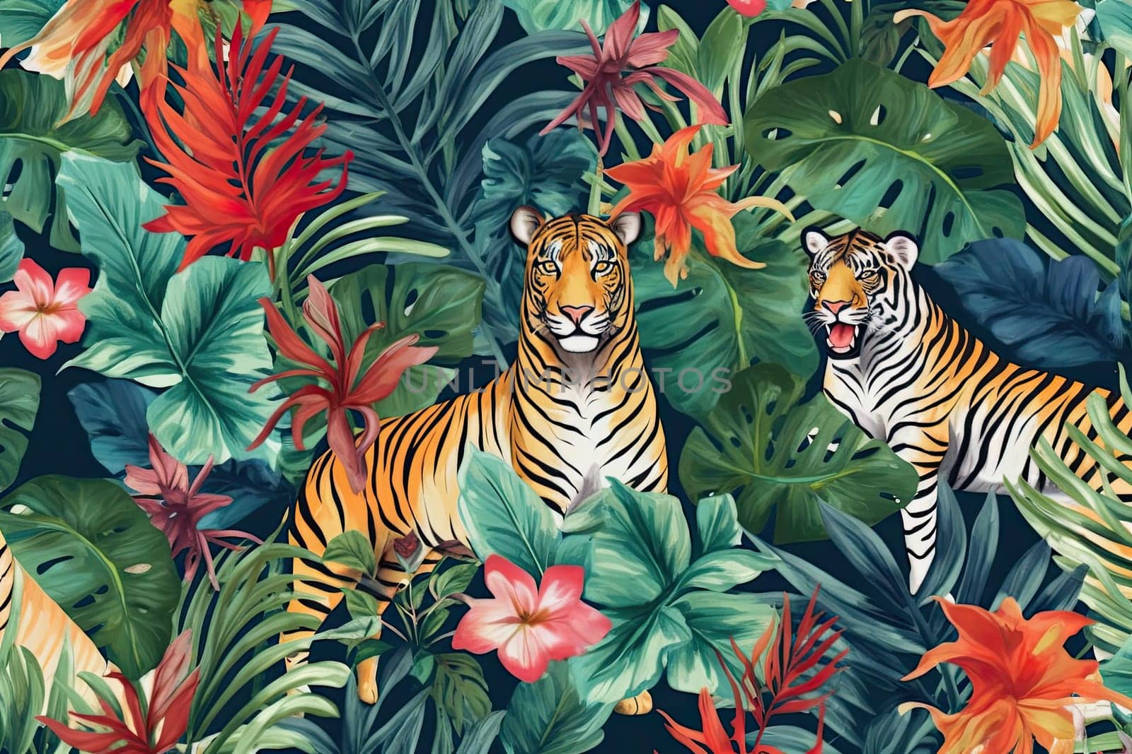 Tropical exotic pattern with animal and flowers in bright colors and lush vegetation. Ai Generative