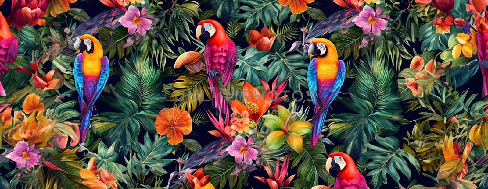 Tropical exotic pattern with animal and flowers in bright colors and lush vegetation. Ai Generative