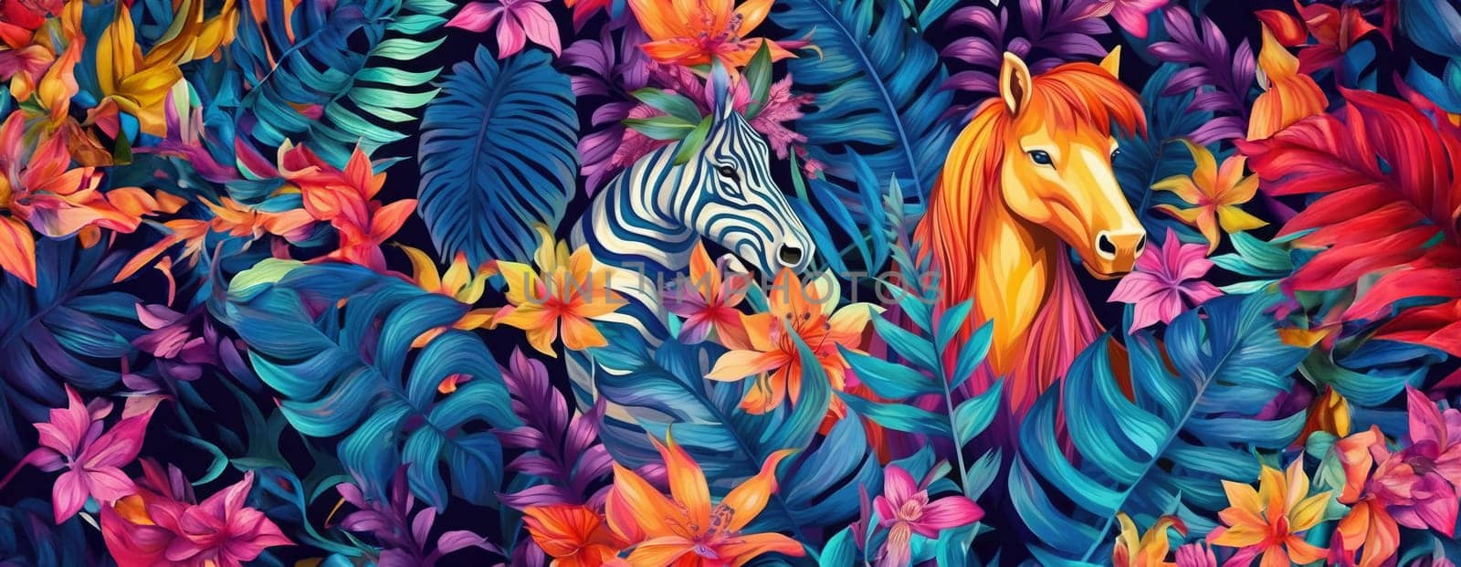 Tropical exotic pattern with animal and flowers in bright colors and lush vegetation. Ai Generative. by Benzoix