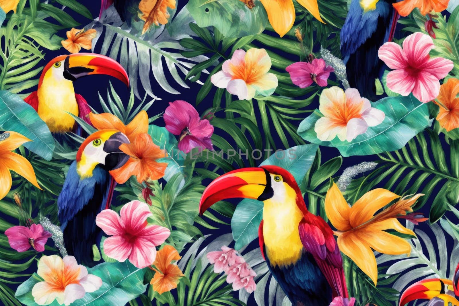 Tropical exotic pattern with animal and flowers in bright colors and lush vegetation. Ai Generative. by Benzoix