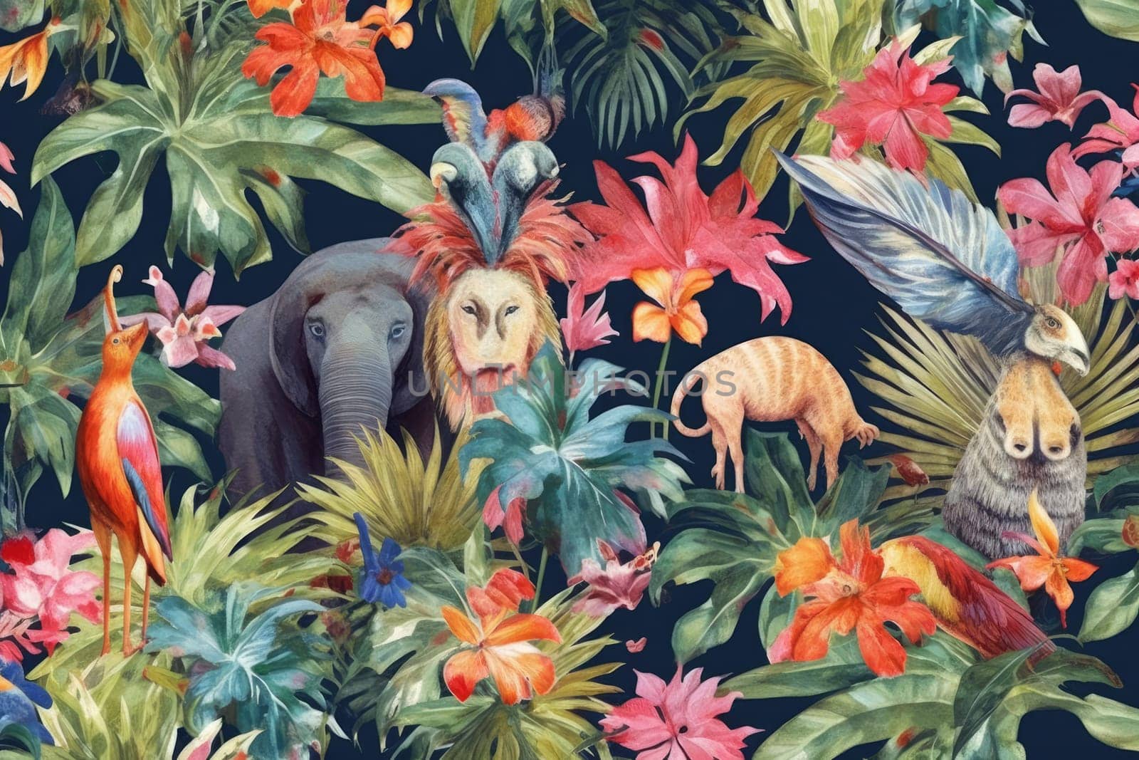 Tropical exotic pattern with animal and flowers in bright colors and lush vegetation. Ai Generative. by Benzoix