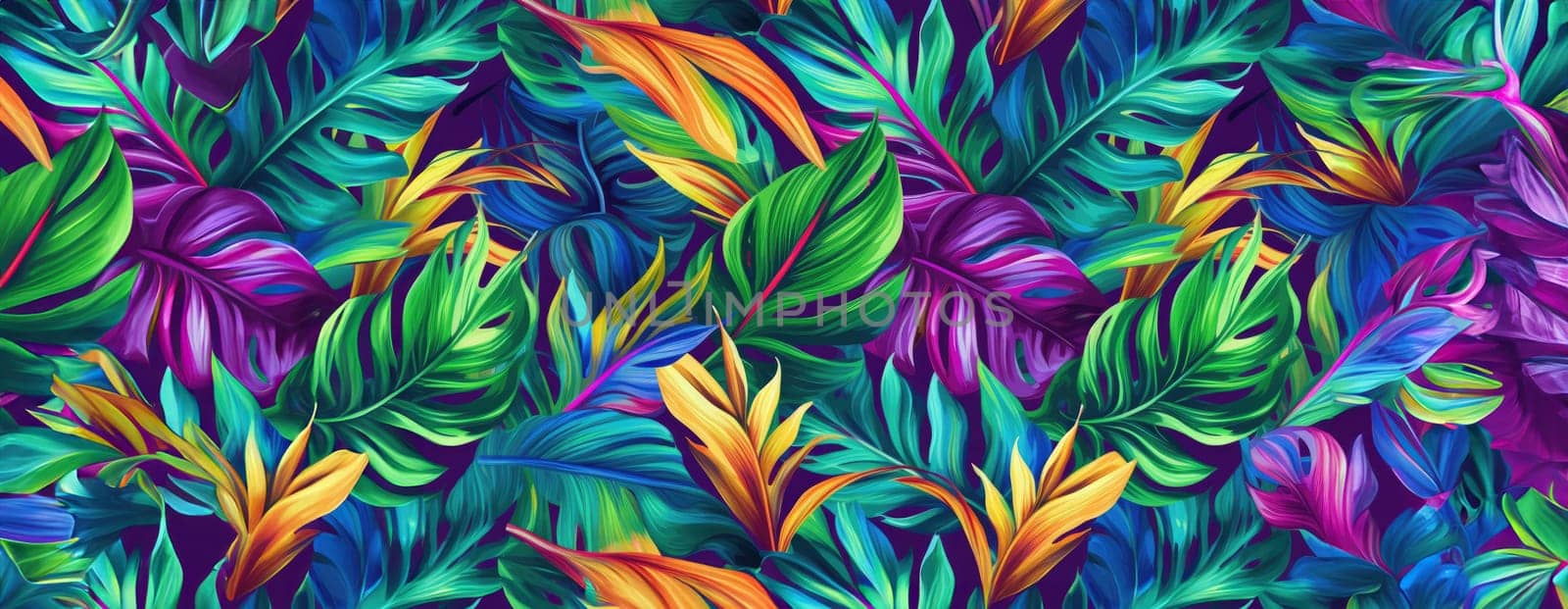 Tropical exotic pattern with animal and flowers in bright colors and lush vegetation. Ai Generative. by Benzoix