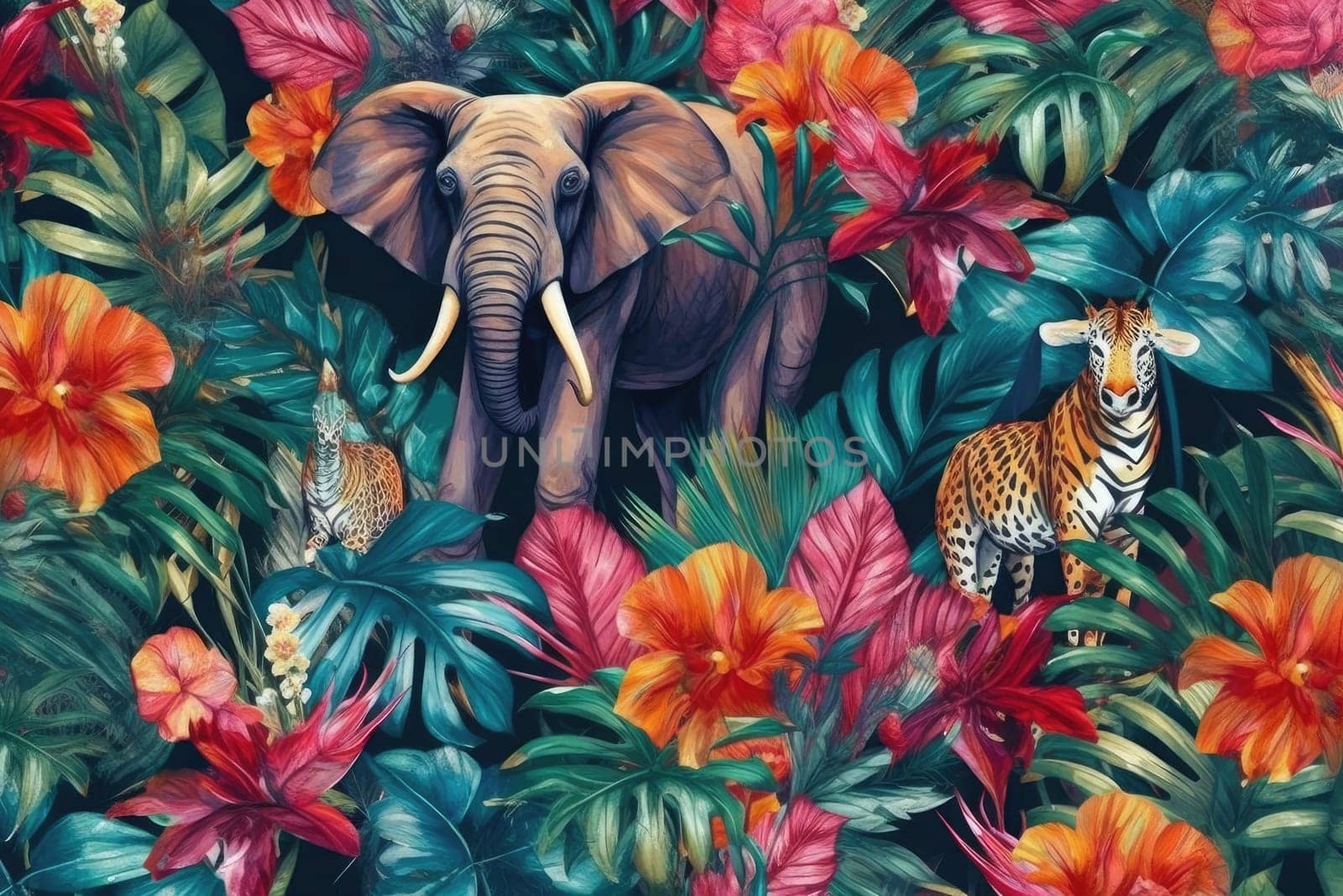 Tropical exotic pattern with animal and flowers in bright colors and lush vegetation. Ai Generative