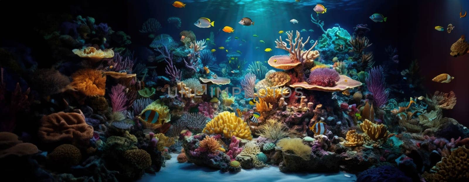 Tropical sea underwater fishes on coral reef. Aquarium oceanarium wildlife colorful marine panorama landscape nature snorkel diving. AI Generative