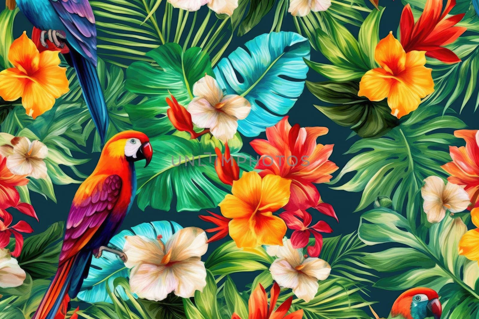 Tropical exotic pattern with animal and flowers in bright colors and lush vegetation. Ai Generative. by Benzoix