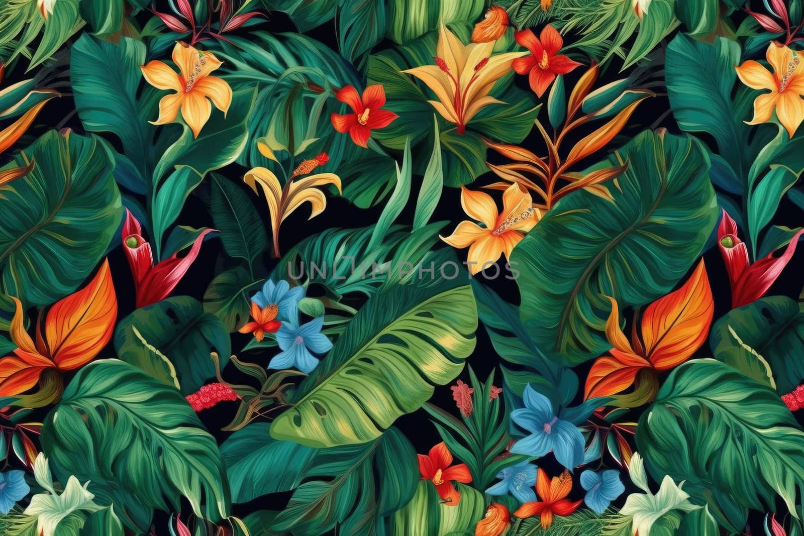 Tropical exotic pattern with animal and flowers in bright colors and lush vegetation. Ai Generative. by Benzoix