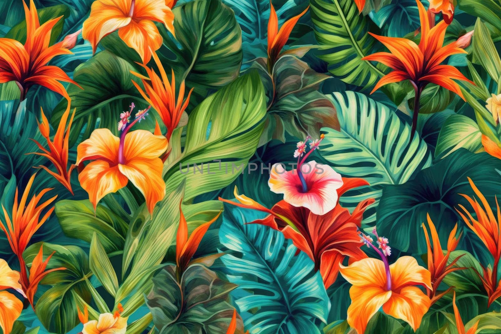 Tropical exotic pattern with animal and flowers in bright colors and lush vegetation. Ai Generative