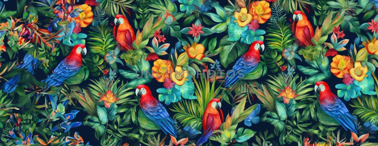 Tropical exotic pattern with animal and flowers in bright colors and lush vegetation. Ai Generative. by Benzoix