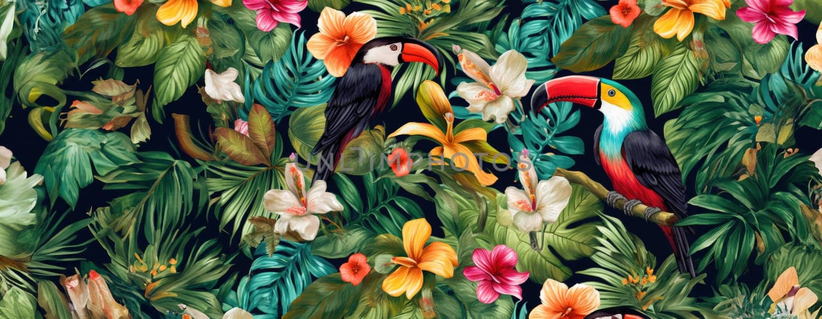 Tropical exotic pattern with animal and flowers in bright colors and lush vegetation. Ai Generative