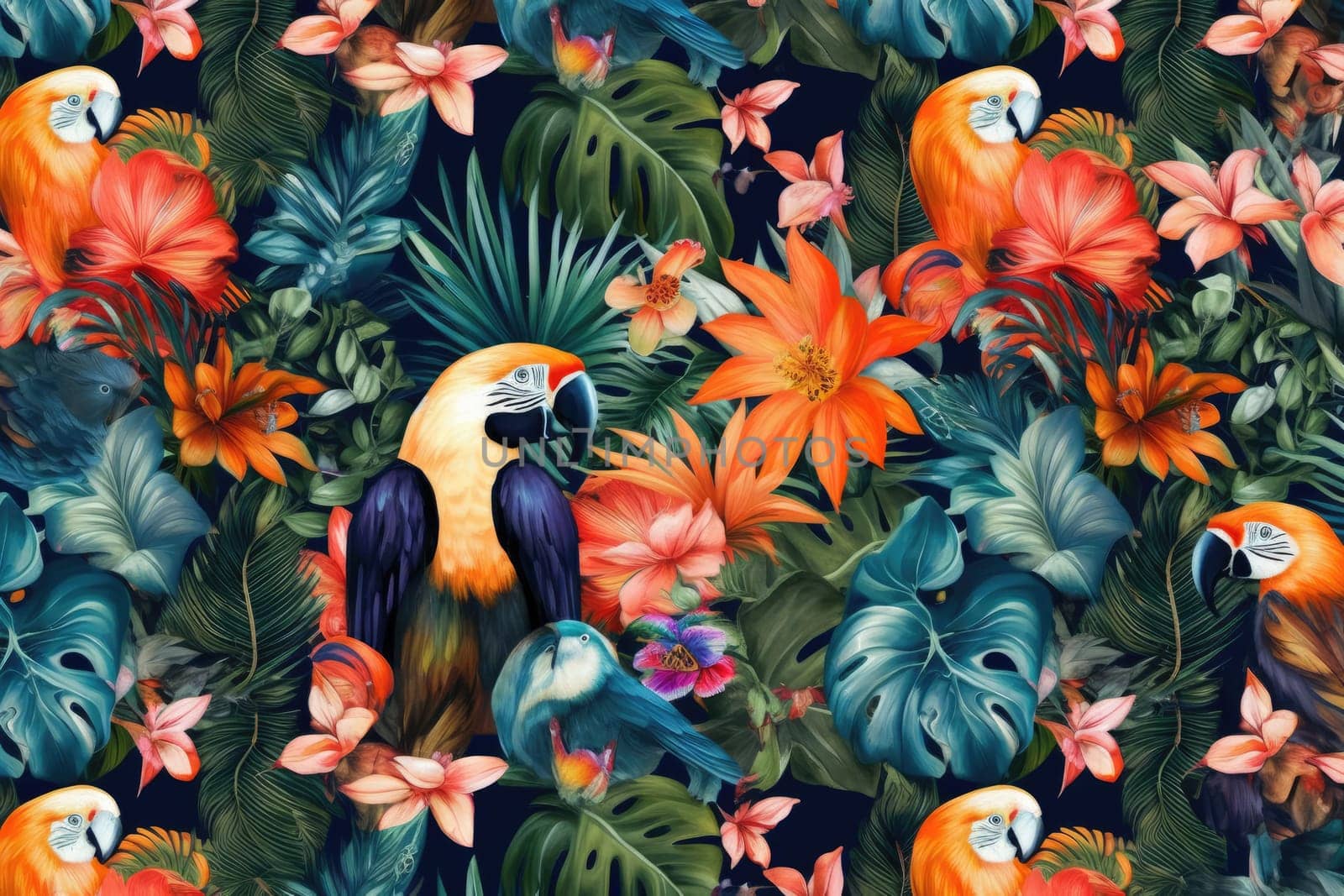 Tropical exotic pattern with animal and flowers in bright colors and lush vegetation. Ai Generative. by Benzoix