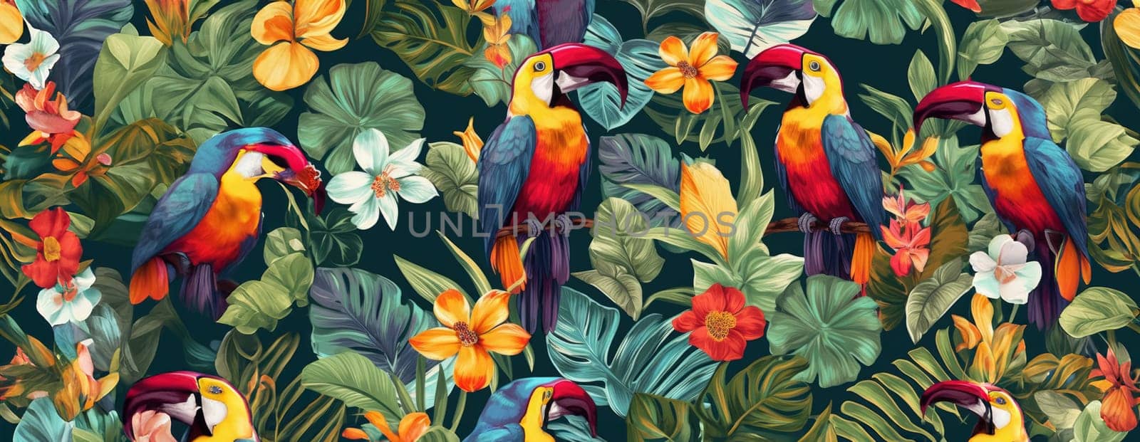 Tropical exotic pattern with animal and flowers in bright colors and lush vegetation. Ai Generative. by Benzoix