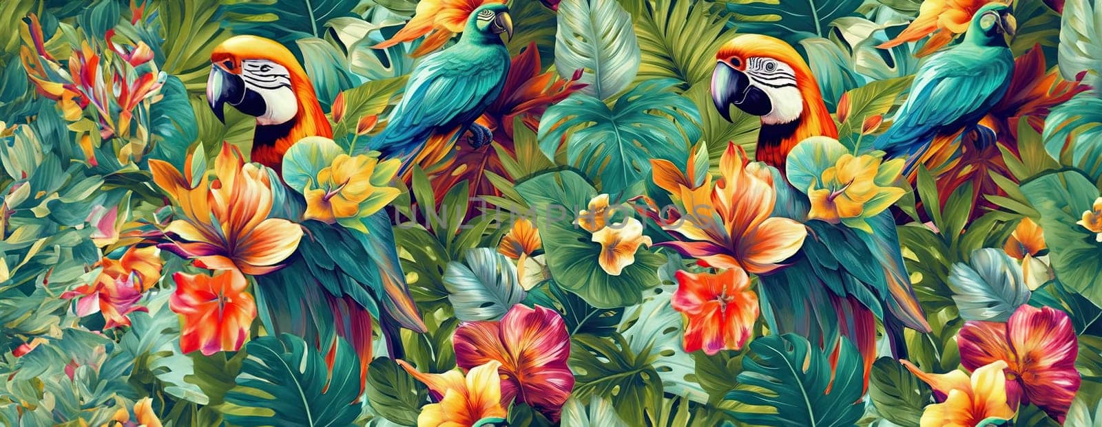 Tropical exotic pattern with animal and flowers in bright colors and lush vegetation. Ai Generative