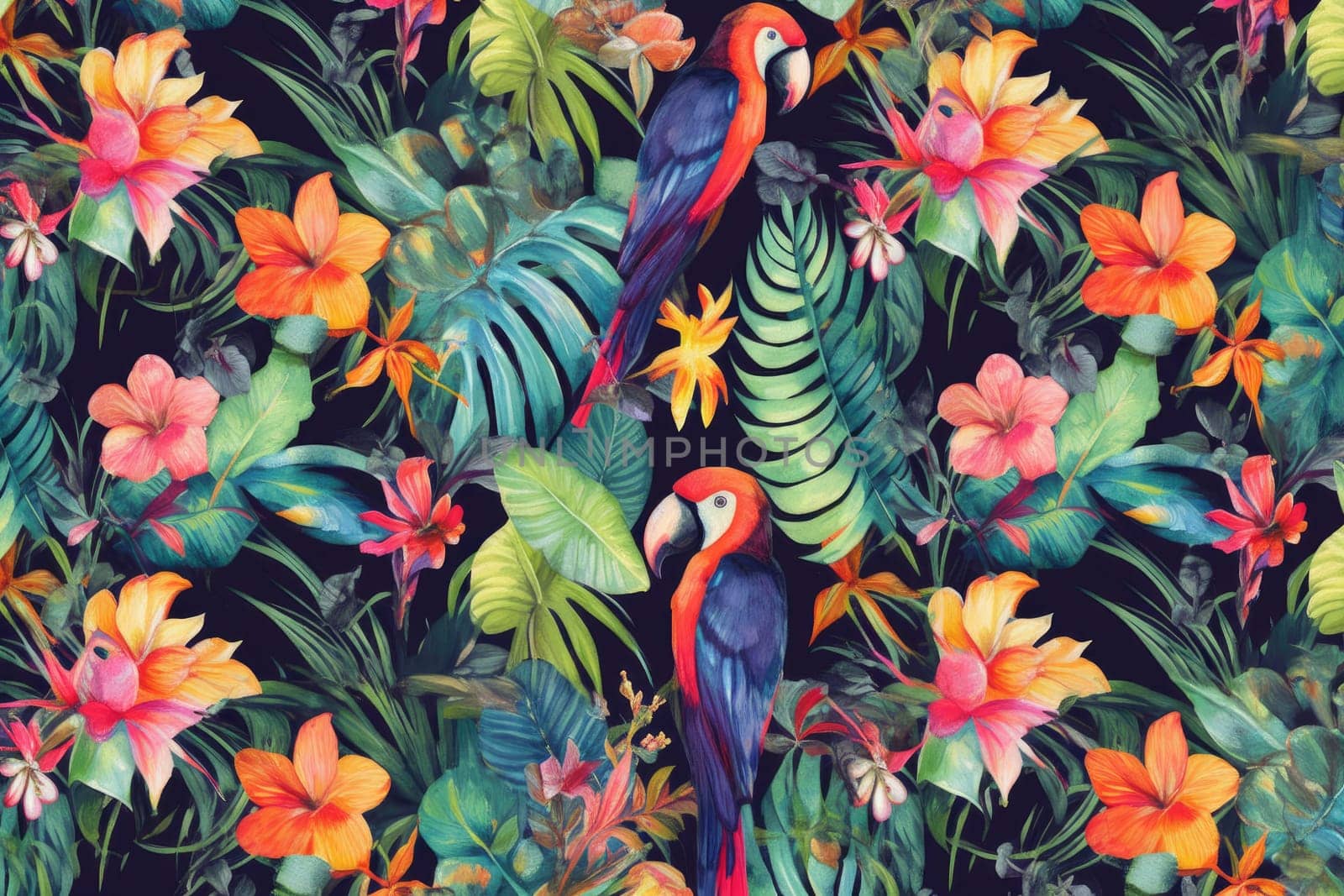 Tropical exotic pattern with animal and flowers in bright colors and lush vegetation. Ai Generative