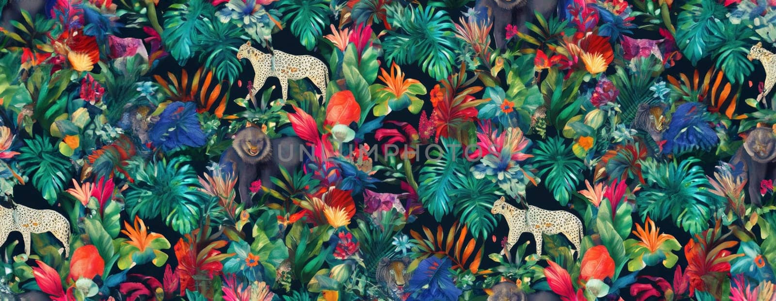 Tropical exotic pattern with animal and flowers in bright colors and lush vegetation. Ai Generative