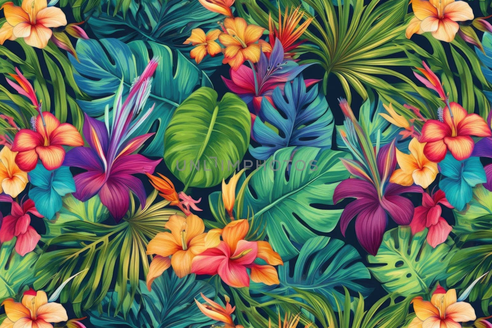 Tropical exotic pattern with animal and flowers in bright colors and lush vegetation. Ai Generative. by Benzoix