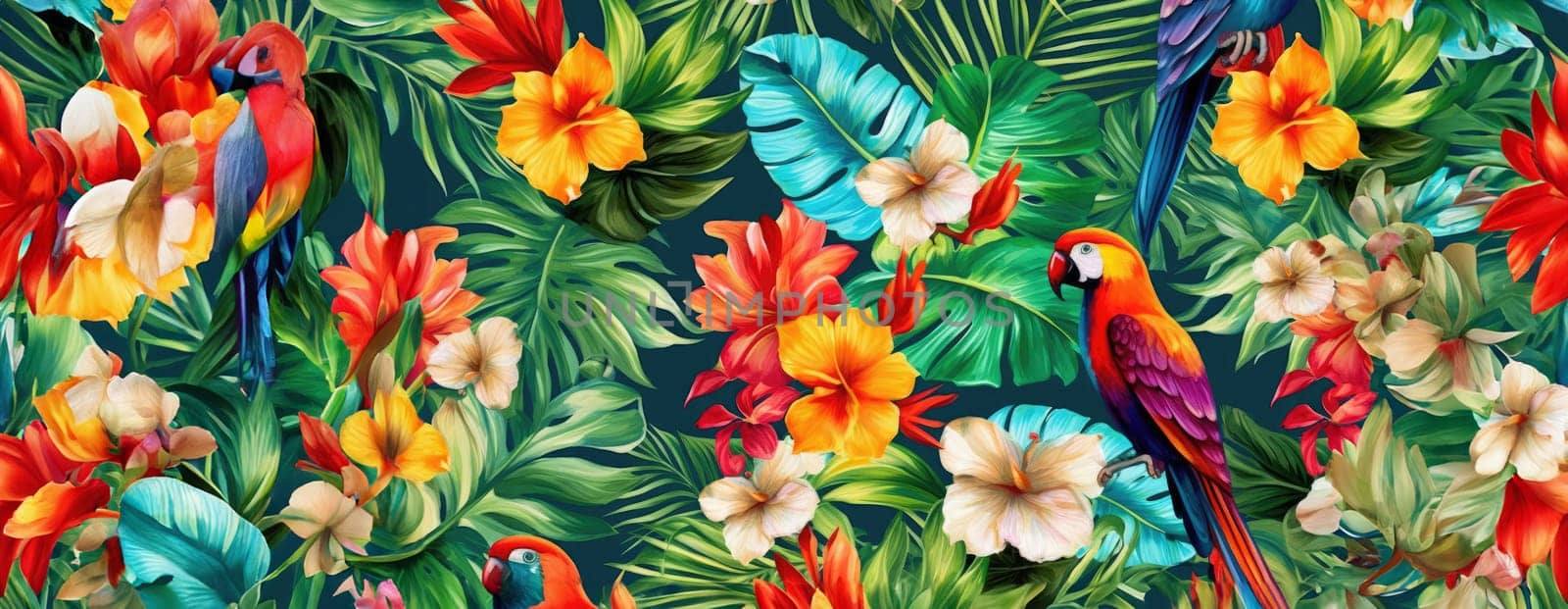 Tropical exotic pattern with animal and flowers in bright colors and lush vegetation. Ai Generative. by Benzoix