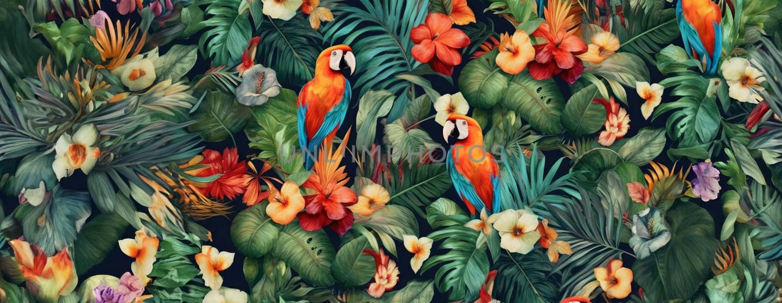 Tropical exotic pattern with animal and flowers in bright colors and lush vegetation. Ai Generative