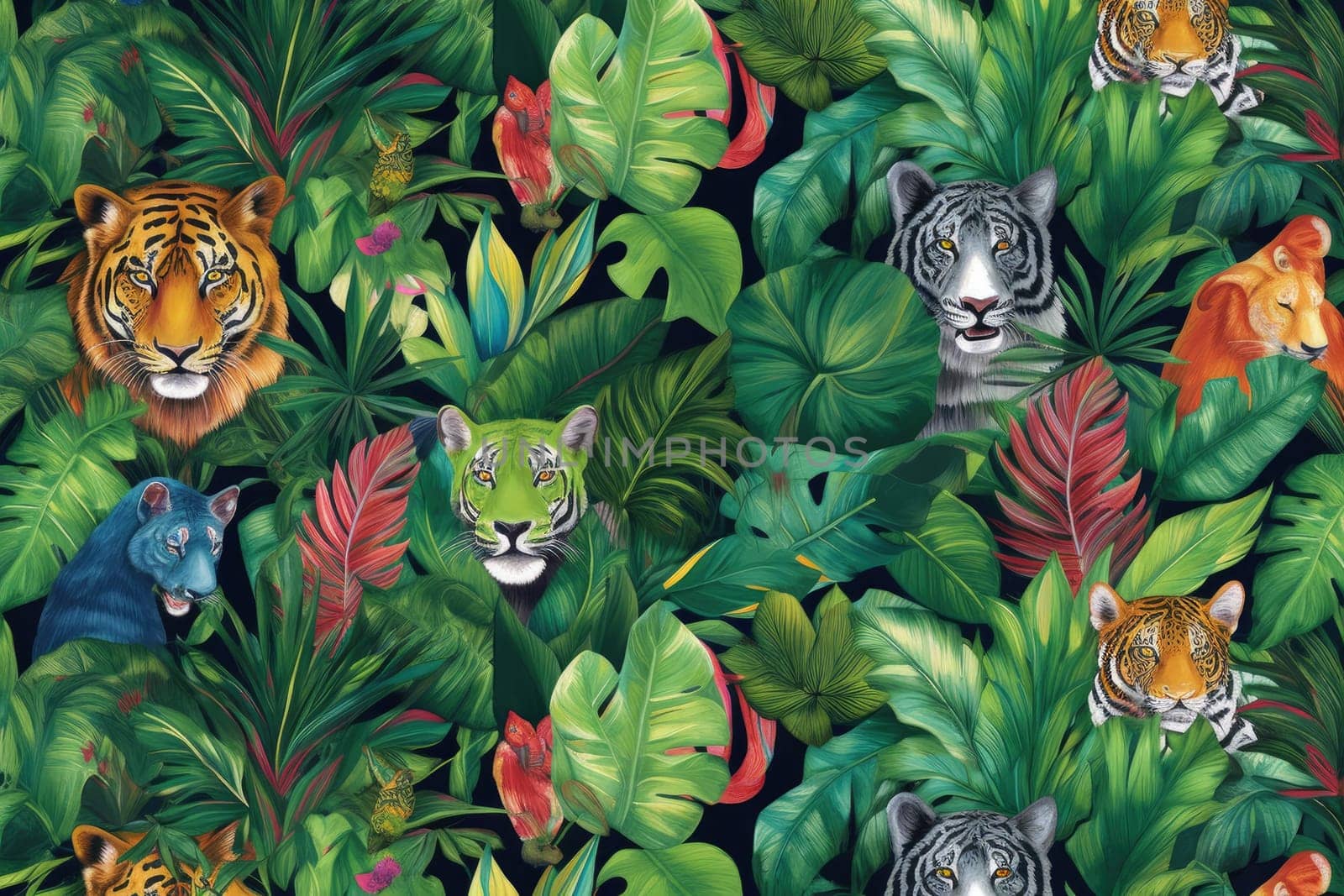 Tropical exotic pattern with animal and flowers in bright colors and lush vegetation. Ai Generative