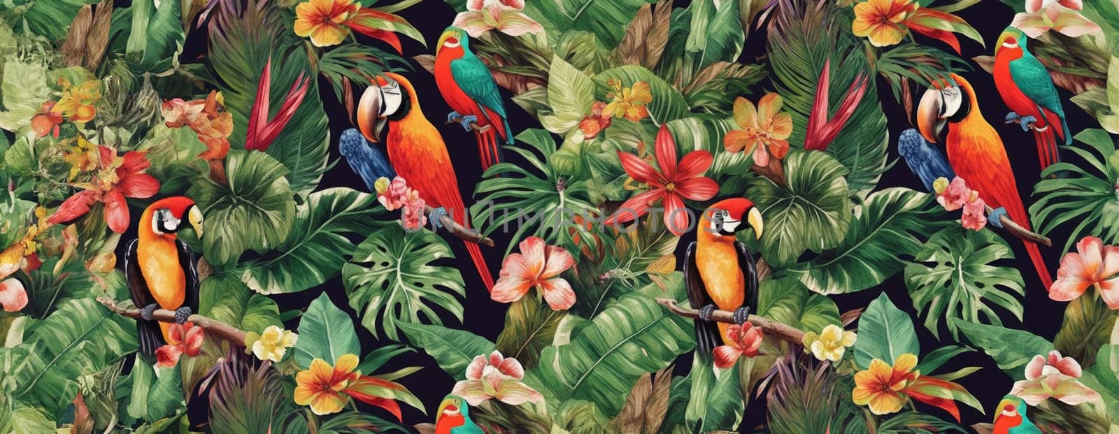 Tropical exotic pattern with animal and flowers in bright colors and lush vegetation. Ai Generative. by Benzoix