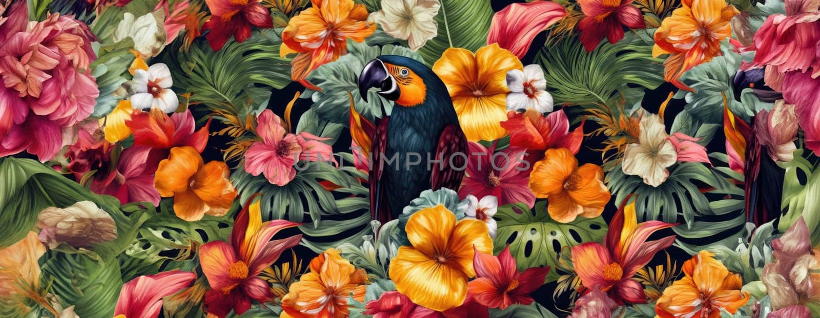 Tropical exotic pattern with animal and flowers in bright colors and lush vegetation. Ai Generative