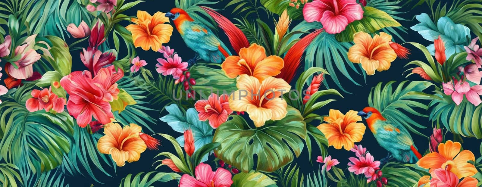 Tropical exotic pattern with animal and flowers in bright colors and lush vegetation. Ai Generative. by Benzoix