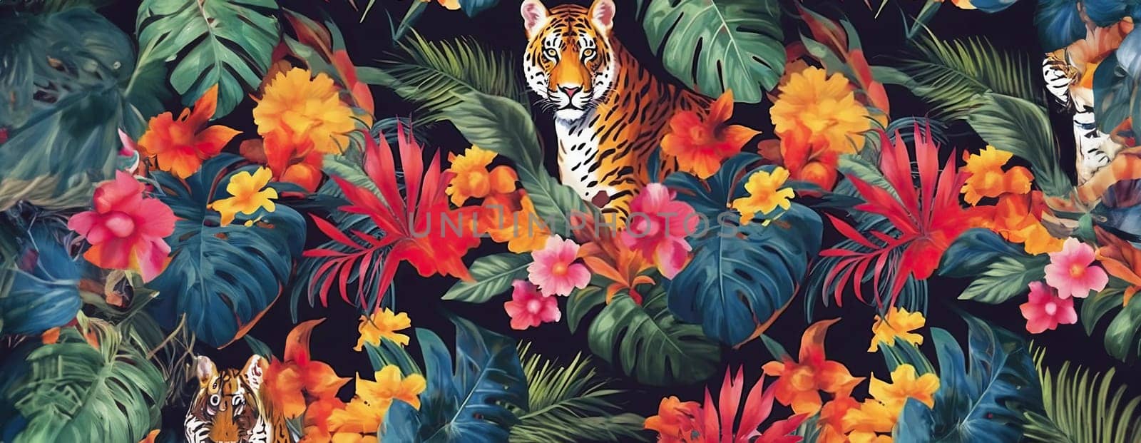 Tropical exotic pattern with animal and flowers in bright colors and lush vegetation. Ai Generative. by Benzoix