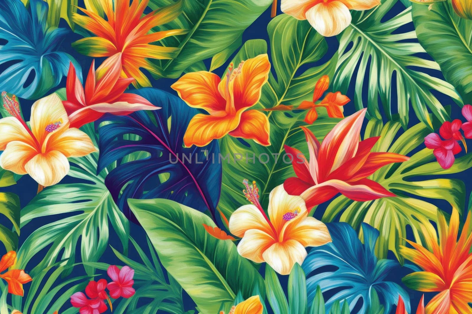 Tropical exotic pattern with animal and flowers in bright colors and lush vegetation. Ai Generative