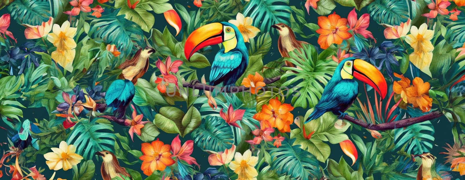 Tropical exotic pattern with animal and flowers in bright colors and lush vegetation. Ai Generative. by Benzoix