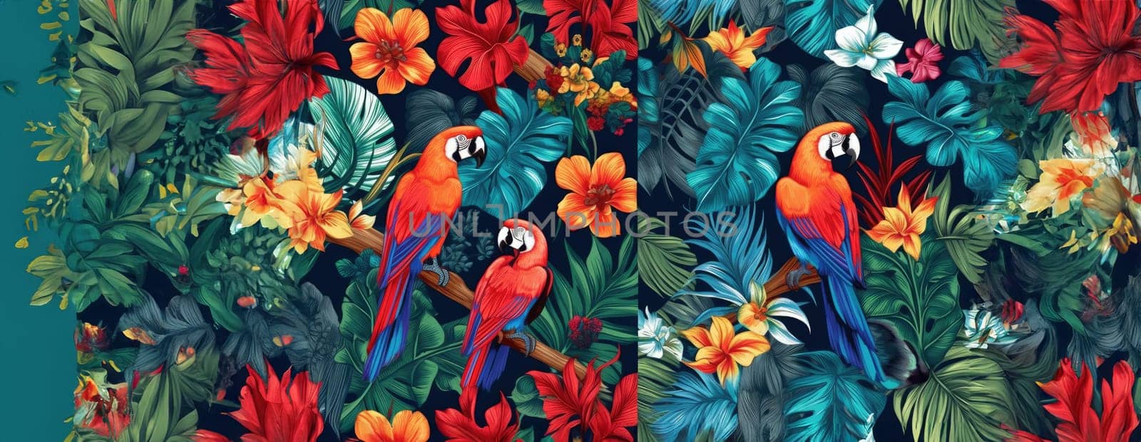 Tropical exotic pattern with animal and flowers in bright colors and lush vegetation. Ai Generative. by Benzoix