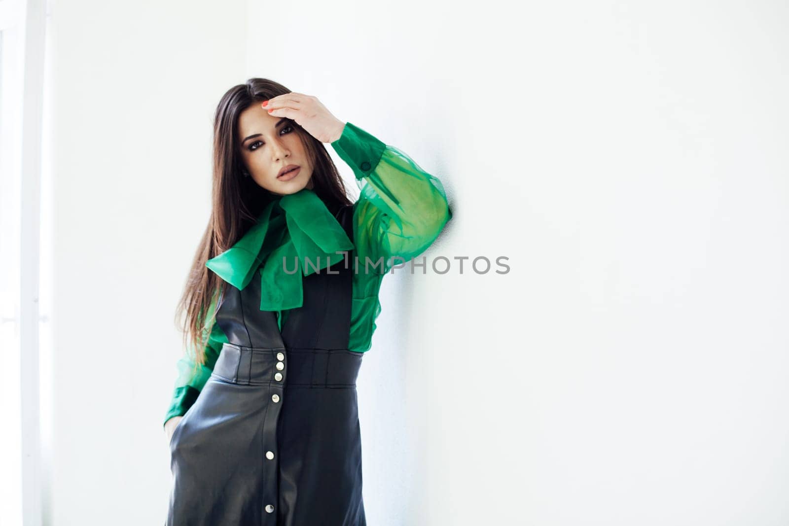 Portrait of a beautiful fashionable brunette woman in black green leaf dress by Simakov