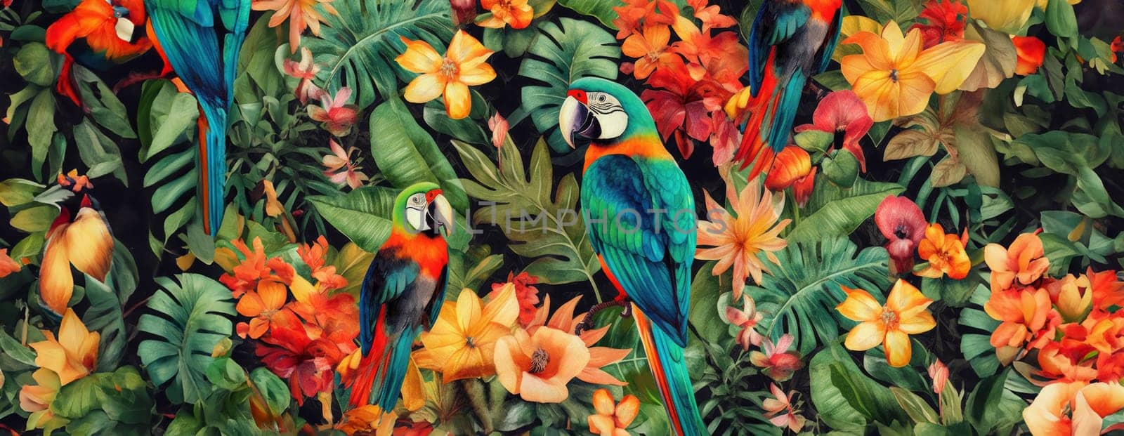 Tropical exotic pattern with animal and flowers in bright colors and lush vegetation. Ai Generative. by Benzoix