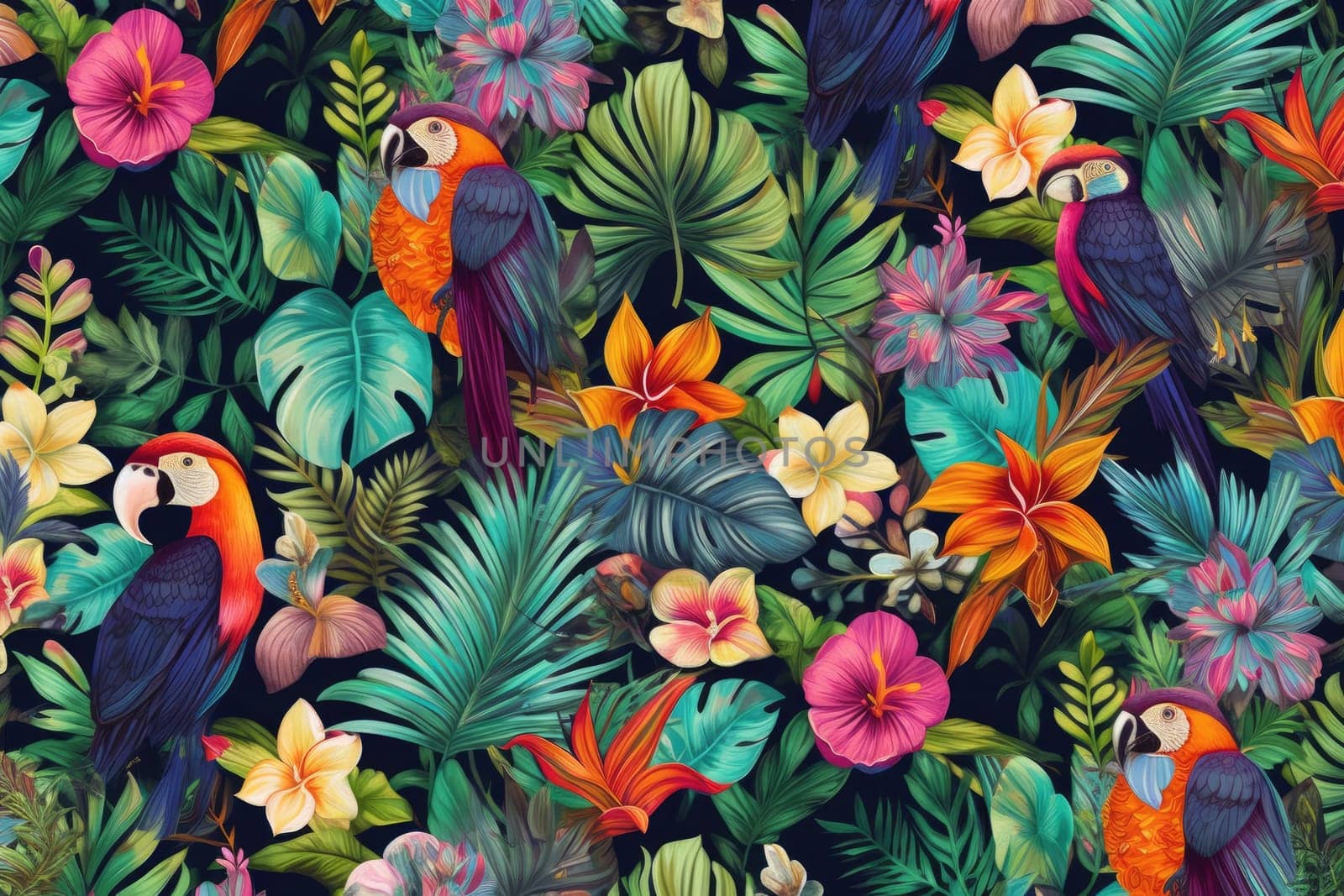 Tropical exotic pattern with animal and flowers in bright colors and lush vegetation. Ai Generative