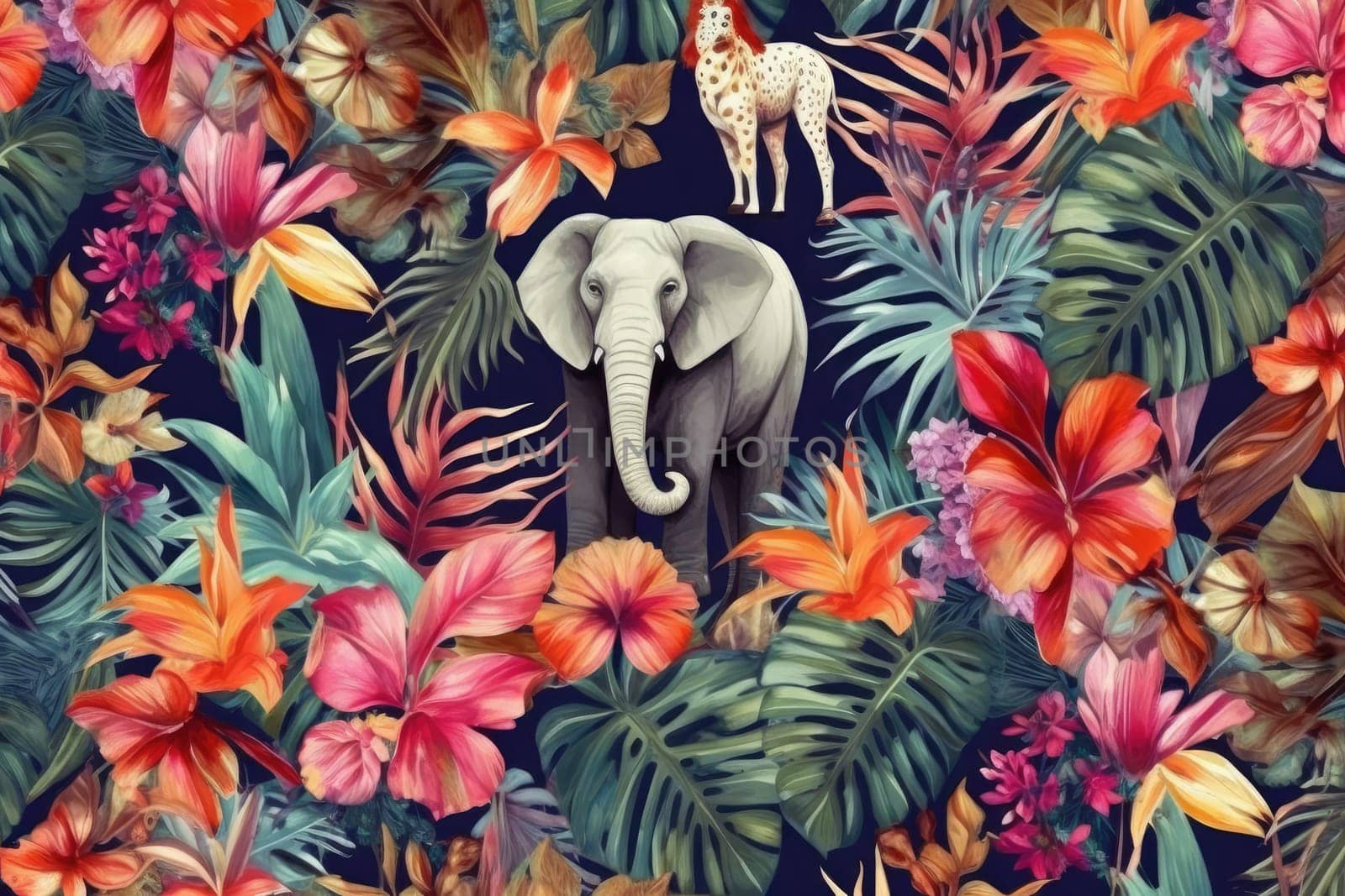 Tropical exotic pattern with animal and flowers in bright colors and lush vegetation. Ai Generative. by Benzoix