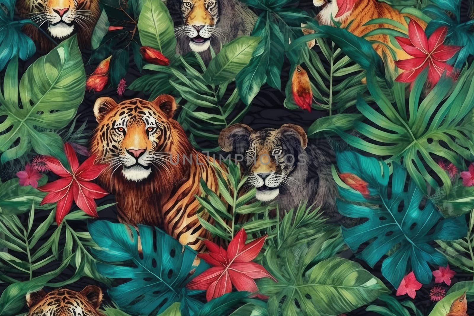 Tropical exotic pattern with animal and flowers in bright colors and lush vegetation. Ai Generative