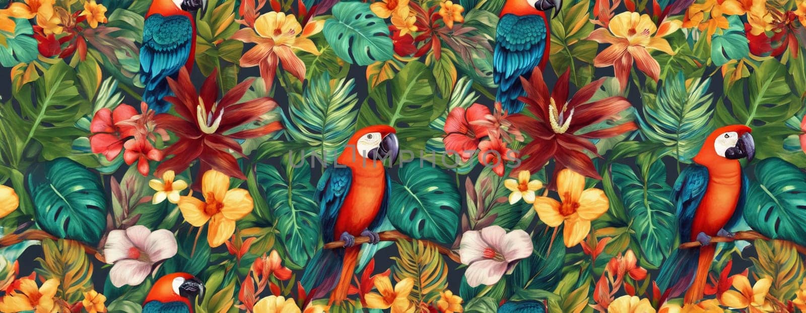 Tropical exotic pattern with animal and flowers in bright colors and lush vegetation. Ai Generative. by Benzoix