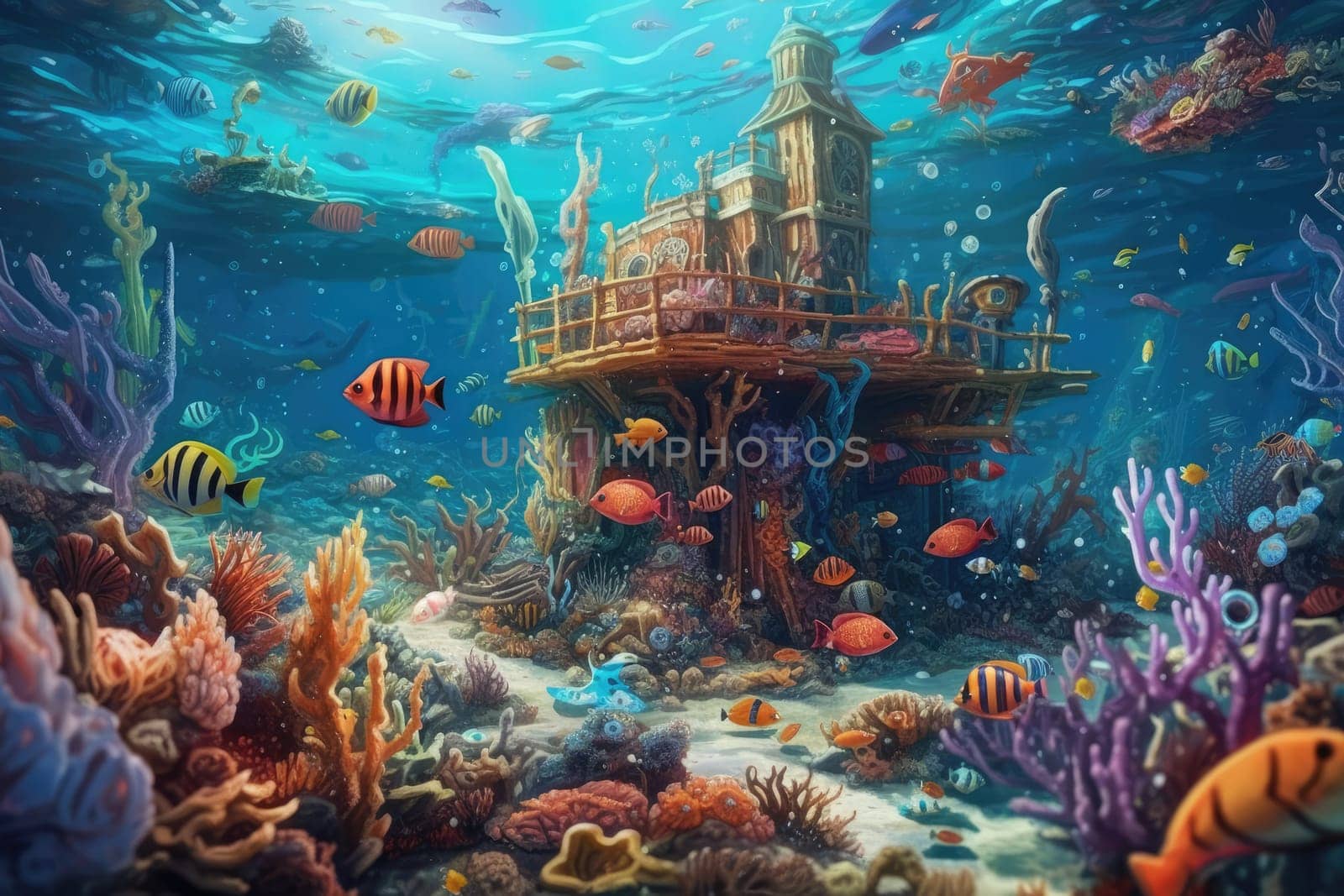 Tropical sea underwater fishes on coral reef. Aquarium oceanarium wildlife colorful marine panorama landscape nature snorkel diving. AI Generative. by Benzoix
