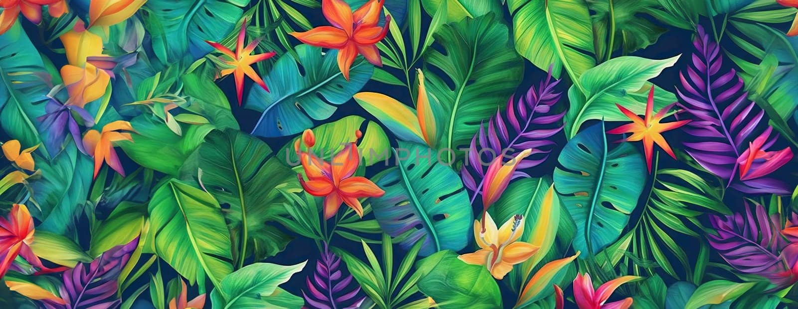 Tropical exotic pattern with animal and flowers in bright colors and lush vegetation. Ai Generative