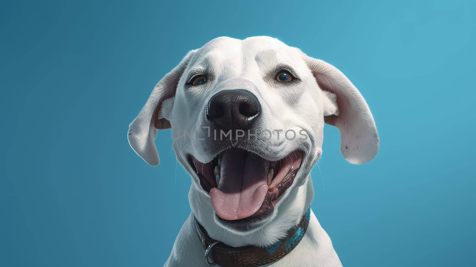 Funny portrait of happy white dog with opened mouth on Isolated blue background, look at camera.