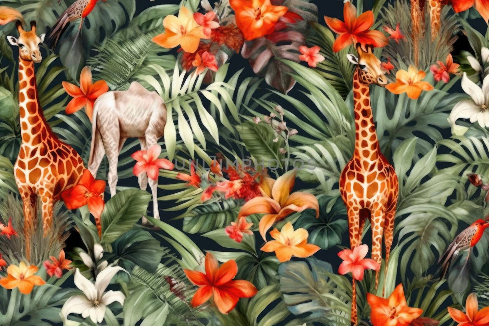 Tropical exotic pattern with animal and flowers in bright colors and lush vegetation. Ai Generative. by Benzoix