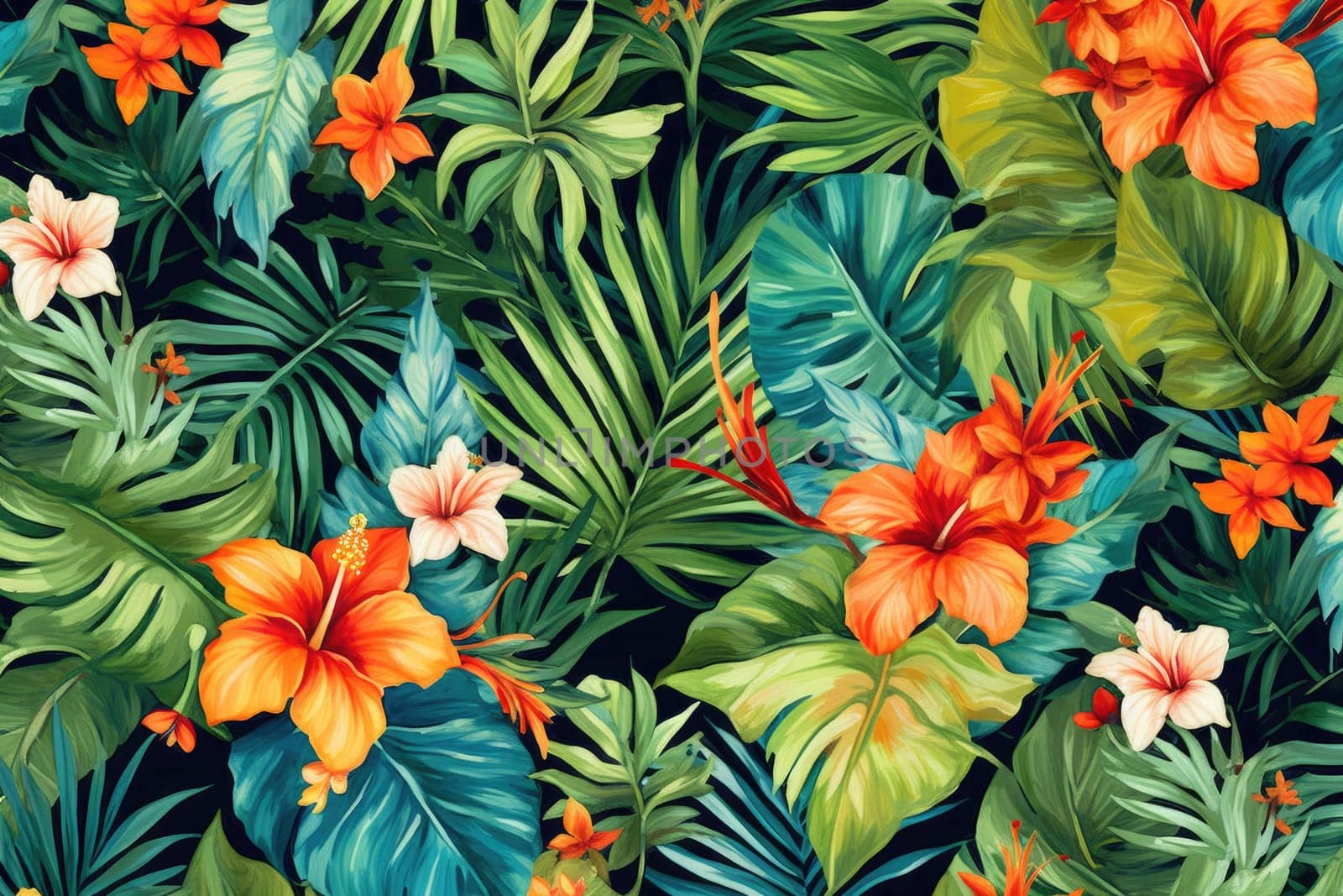 Tropical exotic pattern with animal and flowers in bright colors and lush vegetation. Ai Generative. by Benzoix