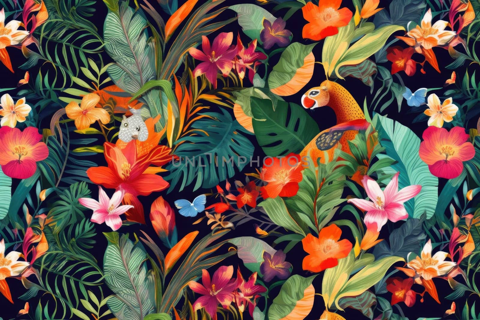 Tropical exotic pattern with animal and flowers in bright colors and lush vegetation. Ai Generative. by Benzoix