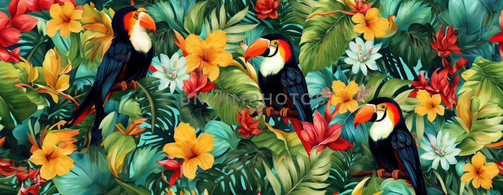 Tropical exotic pattern with animal and flowers in bright colors and lush vegetation. Ai Generative