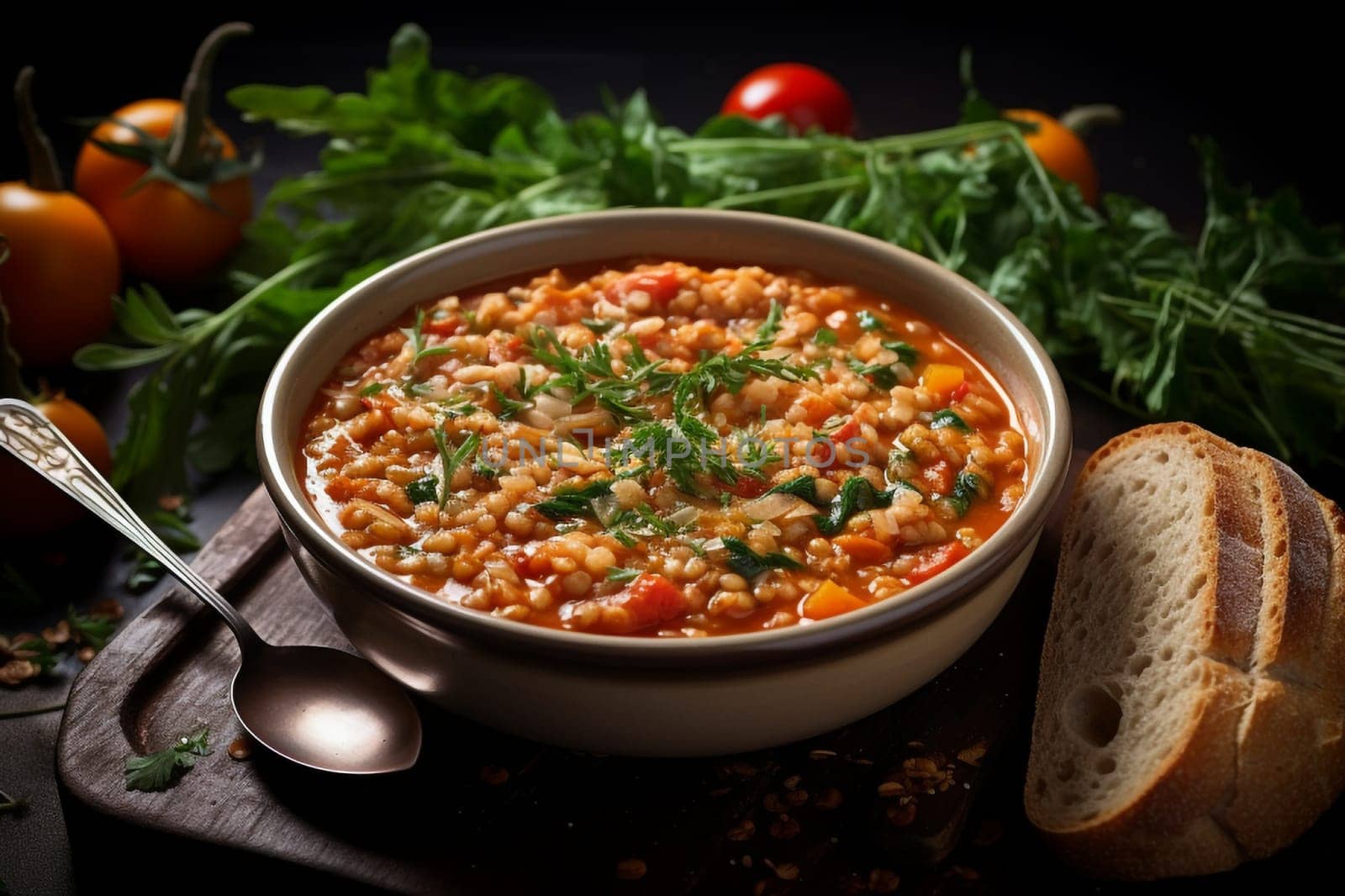 Farro soup a Lazio traditional dish. A hearty and thick soup made with spelt, vegetables. Hearty comfort meal. Italian winter warmer