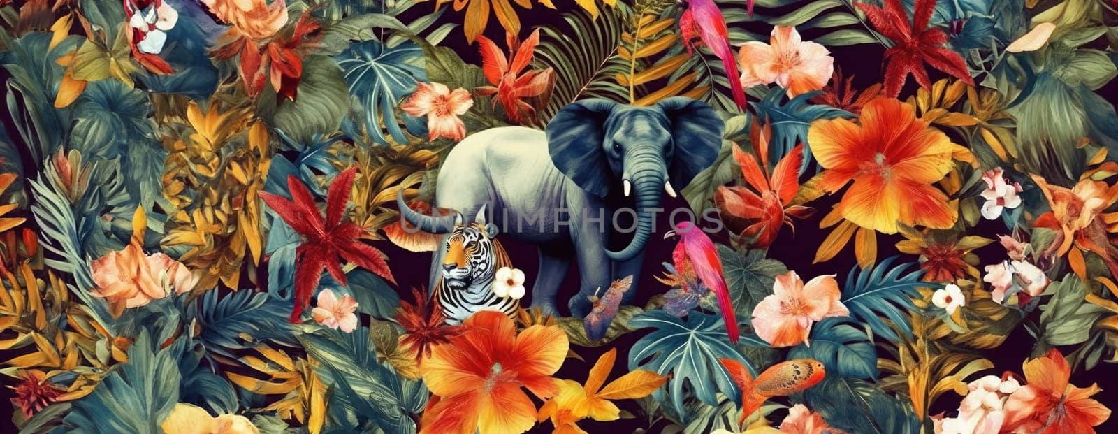 Tropical exotic pattern with animal and flowers in bright colors and lush vegetation. Ai Generative