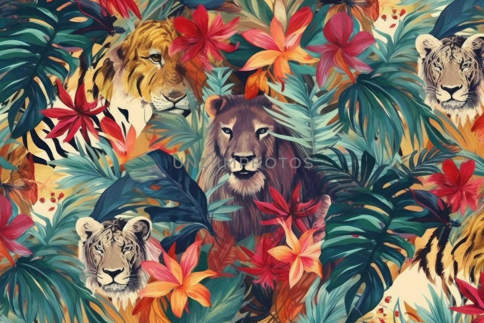 Tropical exotic pattern with animal and flowers in bright colors and lush vegetation. Ai Generative