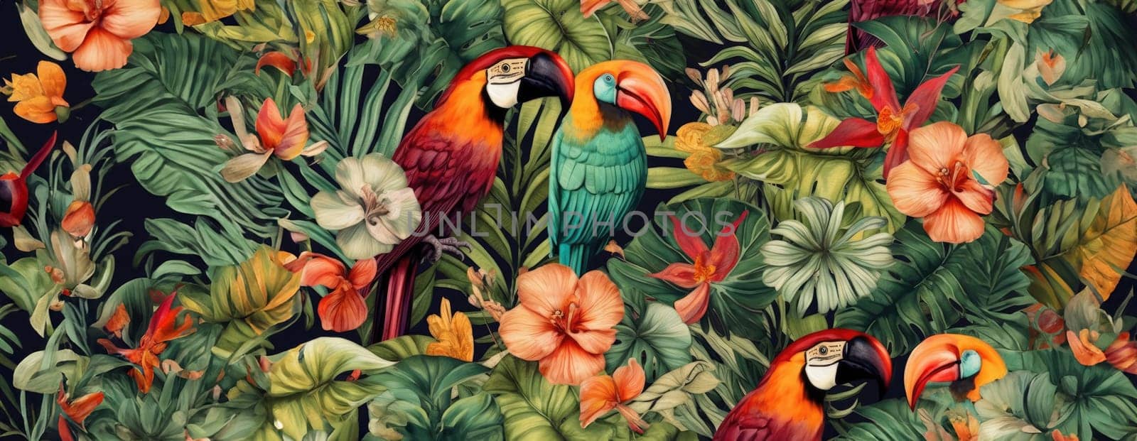 Tropical exotic pattern with animal and flowers in bright colors and lush vegetation. Ai Generative