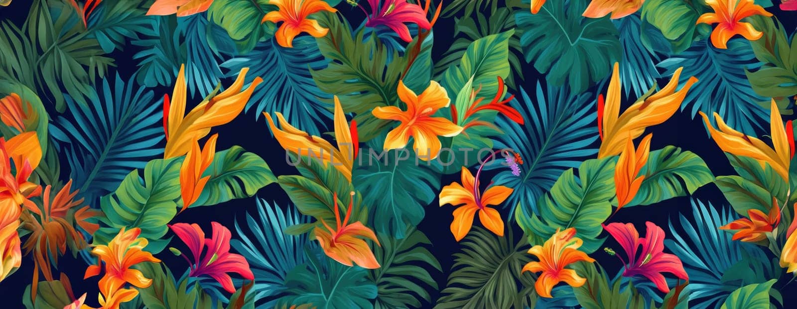 Tropical exotic pattern with animal and flowers in bright colors and lush vegetation. Ai Generative