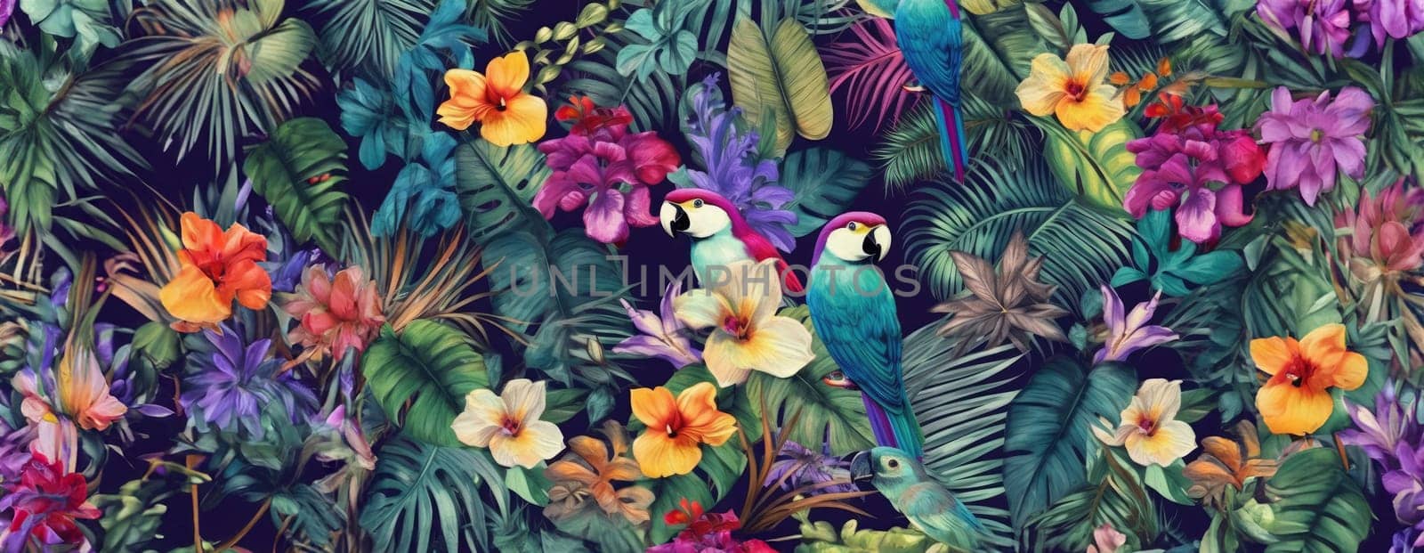 Tropical exotic pattern with animal and flowers in bright colors and lush vegetation. Ai Generative