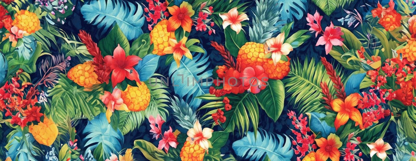 Tropical exotic pattern with animal and flowers in bright colors and lush vegetation. Ai Generative